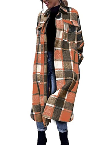 FindThy Women’s Long Plaid Shacket Wool Blend Button Down Shirt Jacket Coat with Pockets