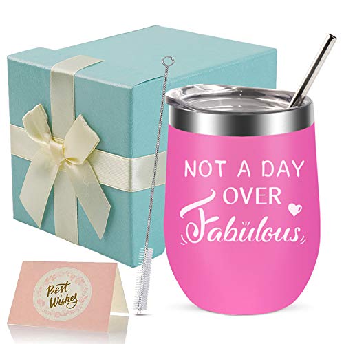 Not A Day Over Fabulous 12 Oz Wine Tumbler with Lid and Straw Birthday Gifts,Graduation Gifts,Christmas,Thanksgiving Day Mother'a Day,Father's Day for Women,Men,Coworker,Friends Female