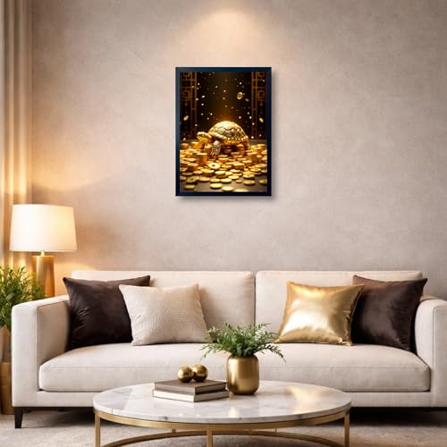 Image of ARTFUL TOY BOX - Golden Feng Shui Turtle Photo Frame Wall Art for Home Decor | Wealth, Stability & Protection Vastu & Feng Shui Wall Decor for Living Room & Office | HD Glossy Print | Premium Fiber Black Frame - 12x18 Inch (30x45 cm) (Design 2)