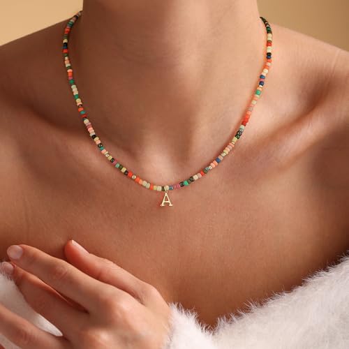 Colorful Initial Necklaces for Women, 14k Gold Plated Summer Initial Necklace Cute Beach Letter Necklace Personalized Gold Necklaces for Women Trendy Preppy Gold Jewelry for Womens3