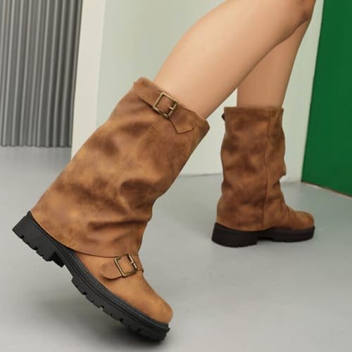 Women's Leather Slouchy platform Buckle Mid-Calf Boots Comfort Wide Round Toe Slip On lug sole Motorcycle Combat Boots4