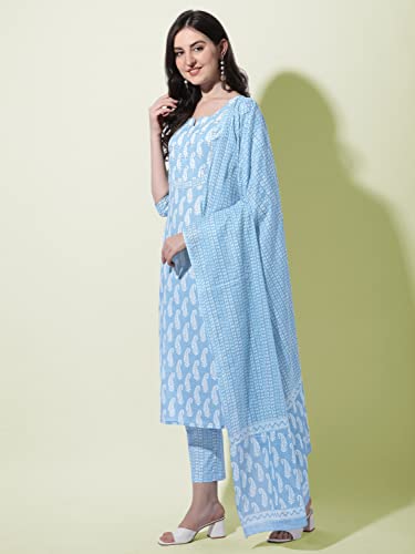 Image of MIRCHI FASHION Pure Cotton Women Straight Printed Embroidery Work Kurti Set with Dupatta and Pant