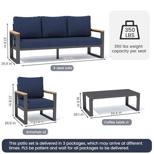 Image of Sundale Outdoor Aluminum Patio Furniture Set, 4 Piece Outdoor Conversation Sets with Coffee Table and Washable Thick Cushions, All Weather Outdoor Sectional Set for Deck, Lawn, Yard (Navy Blue)