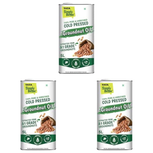 Image of Tata Simply Better Pure and Unrefined Cold Pressed Groundnut (Peanut) Oil, Kolhu /Kacchi Ghani /Mara Chekku /Ganuga, Naturally Cholesterol Free, 5L, With Rich Aroma & Flavour of Real A1 Grade Groundnuts