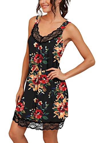 Prinstory Women's Loose Full Slips Lace Nightgown Chemise Sleepwear Cotton Jersey Lingerie Us X-Large Print Flower Brown Black #TOP2