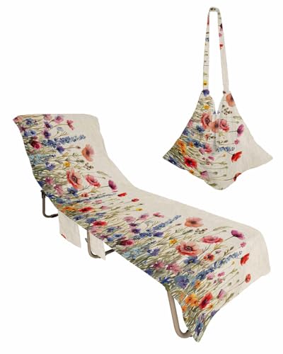 Spring Flower Beach Chair Cover with Side Pockets, Microfiber & Quick Dry Pool Chaise Lounge Chair Towels Covers for Sun Sunbathing Patio Garden Hotel, Farmhouse Floral Retro Aesthetic Herb