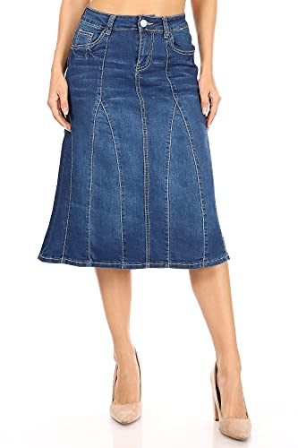Womens Plus/Juniors Mid Waist Below Knee Length Denim Skirt in Pencil Silhouette