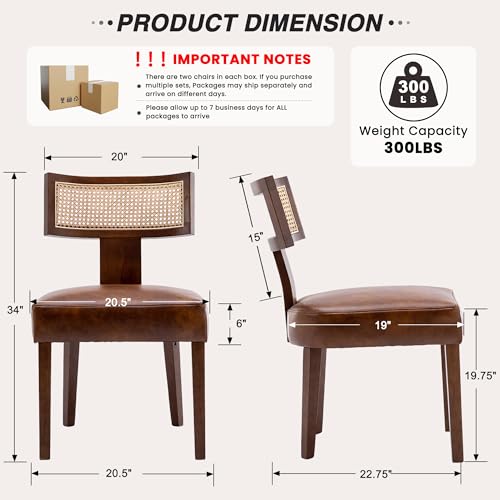 Image of HNY Mid Century Modern Rattan Dining Chairs Set of 6, Farmhouse PU Leather Upholstered Accent Chair Curved Backrest Kitchen Chairs, with Hardwood Frame, Brown