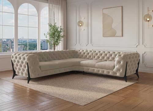 DecoInParis Canapé d'angle Fixe capitonné Chesterfield Velours Beige Carmen