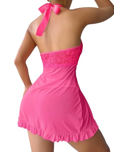 Image of Foxiny Sexy Halter Open Front Ruffle Sheer Mesh Lace Babydoll Lingerie Dress with Thong 2 Piece