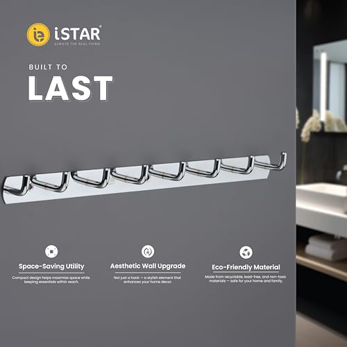Image of iSTAR Stainless Steel 8 Pin Bathroom Cloth Hooks Hanger Door Bathroom Robe Hooks Rail for Hanging Keys,Clothes,Towel Steel Hook (Silver) (Pack of 1)