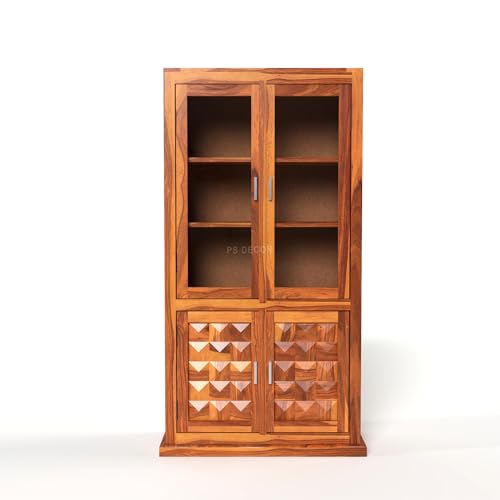 Image of Solid Sheesham Wood Book Shelf with Acrylic Glass Doors and Storage Cabinet | Rosewood Display Unit with 4 Doors for Living Room & Office (Natural Finish)