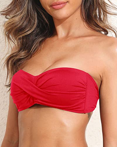 Image of Women Bandeau Bikini Top Strapless Swimsuit Top | Twist Front, Adjustable Straps, Non-Slip, Built-in Cups for Secure Fit