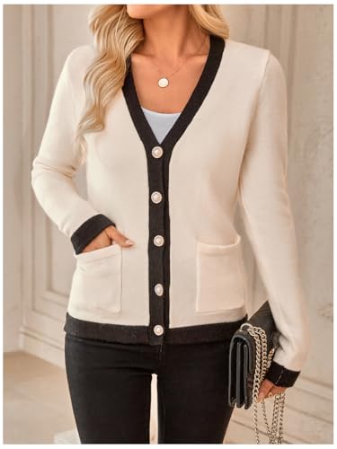Image of WDIRARA Women's Casual Flap Detail Button Front Cardigan V Neck Long Sleeve Contrast Trim Coat