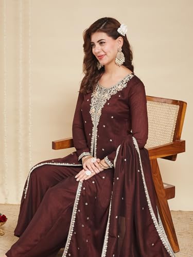 Image of MOKOSH Women's Silk Embroidery Anarkali Kurta Pant with Dupatta | Anarkali Kurta Set | Round Neck Full Sleeve Ethnic Suit | Indian Kurta Outfit with Pant | 3 Piece Outfit