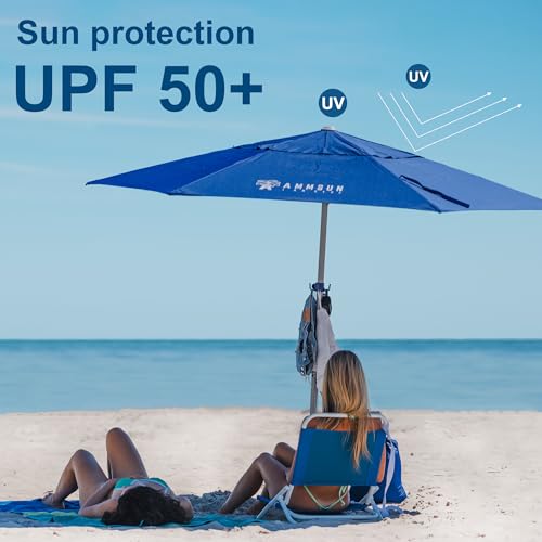 AMMSUN 2,4 m Fiberglas-Rippen, kommerzielle Qualität, Strandschirm, mit Sandanker, verstellbare Höhe mit Lüftungsschlitz, UPF 50+ und Teleskopstange ohne Neigung, Dunkelblau – Bild 6