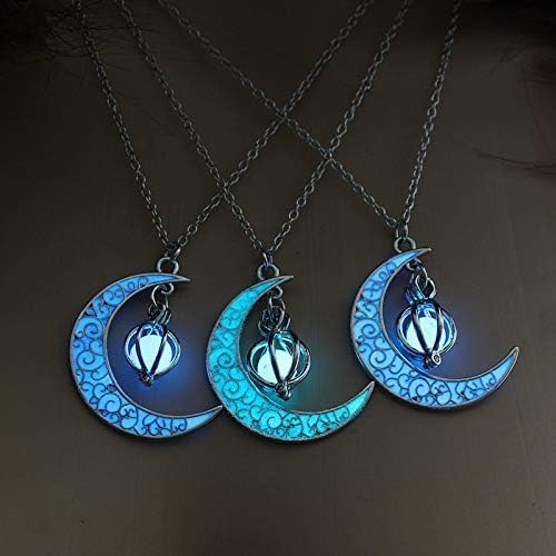 Glow in The Dark Silver Crescent Moon and Orb Necklace - Glowing Blue Moon Charm - Magical Fantasy Fairy Glowing Necklace - Glow Jewelry (sky blue)