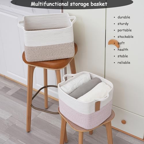 Image of COMFY-HOMI 3PACK Cotton Rope Square baske with Handles for Shelves|Dog Toy baske Bin and Storage|Baby baske for Gift|Shoe baske for Organizing|13.5 inch x 11 inch x 9.5 inch for Living Room(White /Pink)
