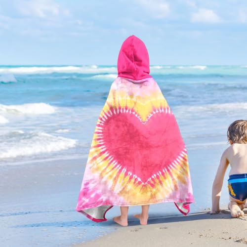 Image of Heart-shaped Print Girls Beach Towel with Hoodie for Kids Toddlers Age 4-8, Pink Blue Bath Towels Shower Wrap for Girls, Hooded Poncho Beach Blanket for Pool Swimming Wearable Bath Towel for Child
