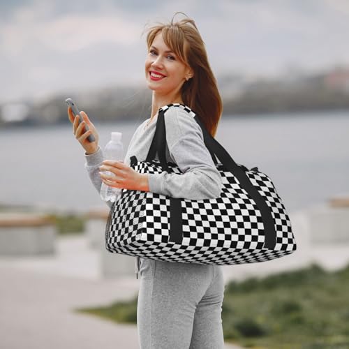 Black White Racing Big Capacity Sports Gym Bag Portable Travel Duffle Bag, Checkerboard Lightweight Weekender Workout Bag for Overnight, Unisex2