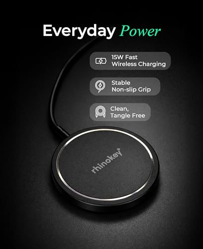Image of Rhinokey 15W Wireless Charger Qi 1.2 Fast Wireless Charging Pads MagSafe | Magnetic Charger for card Tracker AirPods iPhone & Android Long Cable 100 cm Magnet Pad with Type C to A Cable Converter