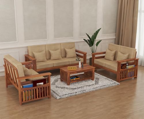 Image of Sheesham Wooden 7 Seater Sofa for Living Room | Rosewood 7 Seater Cushion Sofa Side Half Moon Rack | Solid Wood Sofa Set for Lounge (-3+2+2,Honey)