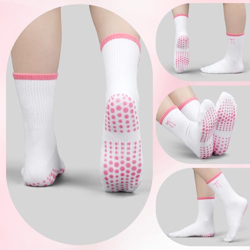 Jeyiour 5 Pairs Coquette Pink Bow Pilates Socks with Grips for Women Cute Yoga Non Slip Grippy Crew Socks for Dance Gifts4