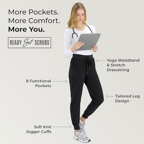 Image of READY SET SCRUBS - Scrub Pants for Women - 2 Pack - Cargo Jogger Pants Set with 8 Pockets - Yoga Waistband - Soft & Stretchy