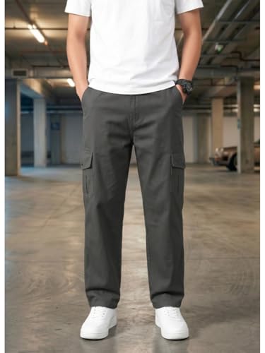 Image of Men's Cargo Trousers-100% Premium Cotton Regular Fit Lightweight Breathable Elastic Waist Multi-Pocket Casual Utility Pants