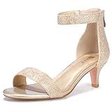 IDIFU Women's Low Kitten Heels Sandals Ankle Strap Open Toe Wedding Pump Shoes with Zipper(7, Gold...