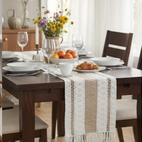 Image of HomeCloud Croshia Woven Table placemat - Heat Resistant, Washable Table Decoration for Dining, Office, Kitchen, Hotel, and Home (Runner White Baige, Set of 2)