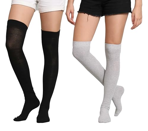 Image of TRAZO Women's Thigh High Socks Over the Knee High Knitted Casual Boot Socks, Stiped Long Fashionable Stockings (Pack of 2)
