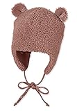 Gorro con orejeras recortadas y cinta de atar, forrado con tejido jersey estampado con erizos.