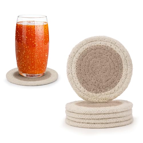 Image of Encasa XO Drink Coasters Set of 6 | Beige & Off White with Round (9 cm) | Handcrafted Ribbed Cotton | Absorbent & Heat-Resistant | Use for Tea, Coffee Table & Desk