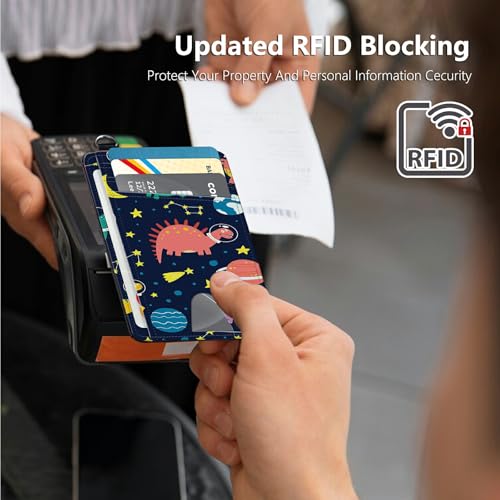 Slim Card Holder with Wristlet Small Wallets for Men Women, RFID Blocking Pocket Keychain Wallet, Space Dinosaur PU Leather Cute Travel Minimalist Card Organizer Case with ID Window3