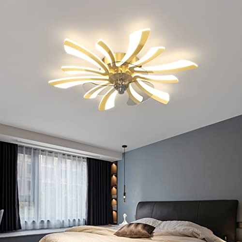 GHY Ventilador De Techo Regulable LED Luz De Techo Con Iluminación Y Control Remoto Creatividad Tipo De Flor Lámpara De Techo De Colgante Para Sala De Estar Comedor Dormitorio,Oro,C Cover