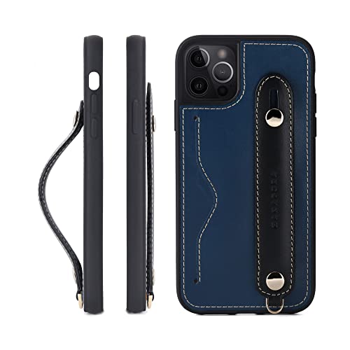 iPhone 14 Pro ケース 本革 グリップケース レザー ストラップ付属 イタリア製牛革 ヌメ革 片手操作 カード収納 スタンド機能 メンズ レディース ブルー/ブラック CGH-14Pro-Blue-BK