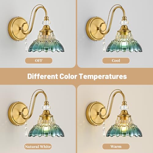 Image of 1 Piece Vintage Wall Sconce, 1-Light Brushed Gold Finish Wall Sconce with Hanging Crystal Accents and Flower-Shaped Teal Shades for Bathroom Bedroom Living Room,Vintage Vanity Light
