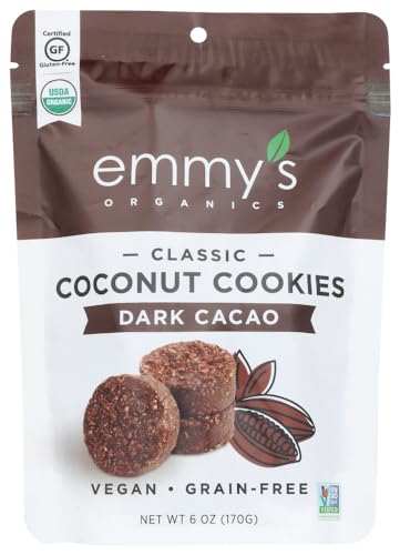 Emmy's Organics Coconut Cookies, Dark Cacao, 6 oz (Pack of 2) | Gluten-Free Organic Cookies, Vegan, Paleo-Friendly
