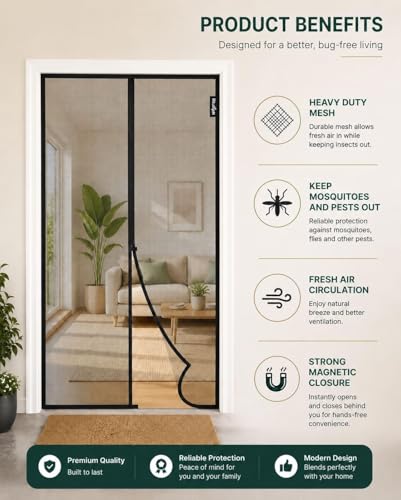 Image of Mosquito Net for Door Fiberglass Magnetic Curtain Auto Closing Insect Screen for All Door Types with Self Adhesive Hook Tape | Insect Repellent Size 7 feet Black Color