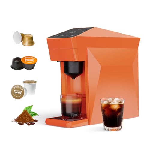 BENFUCHEN Máquina de café 4 en 1 desechable, 19 bar para cápsulas KCup Capsules/Nespresso OriginalLine/Dolce Gusto/Ground Coffee, naranja vibrante