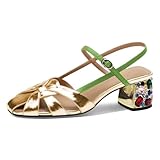 YDN Women Fashion Ankle Strap Sandals Round Closed Toe Braid Pumps Rhinestone Block Low Heels Slingback Buckle Tow Tone Shoes Party Shopping Daily Size 10 Gold Green