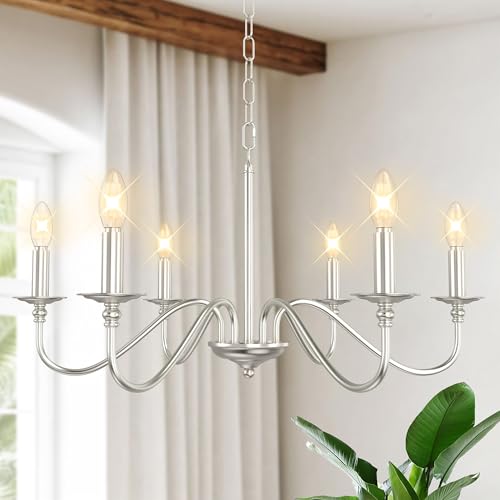 Image of 6-Light Farmhouse Chandelier 28'', Rustic Industrial Kitchen Island Pendant Lighting Fixture, Vintage Candle Ceiling Light for Dining Room, Living Room, Entryway, Bedroom-Brushed Nickel