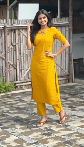 Image of ANNI Designer Women's Viscose Straight Printed Kurta with Pant | Ethnic Indian Kurta Set | Round Neck Keyhole Design | Elbow Sleeve Traditional Dress | Office Occasion Outfit