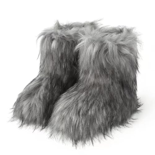 Wnshonzy Fur Boots for Women Furry Fuzzy Grey Y2k...