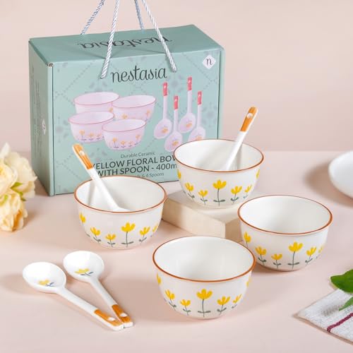 Image of Nestasia Ceramic Soup Bowl with Spoon Set of 4 (400ml Each) - Floral Microwave & Dishwasher Safe Bowl Set for Serving Soup, Curry, Custard, & Dessert - Perfect for Gifting & Daily Use (White & Yellow)