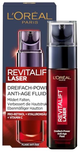 LOréal Paris Anti-Aging Fluid für Frauen Gesichtspflege gegen Falten & für ebenmäßigeren Hautton mit Hyaluronsäure Pro-Retinol und Vitamin C Revitalift Laser 30 ml