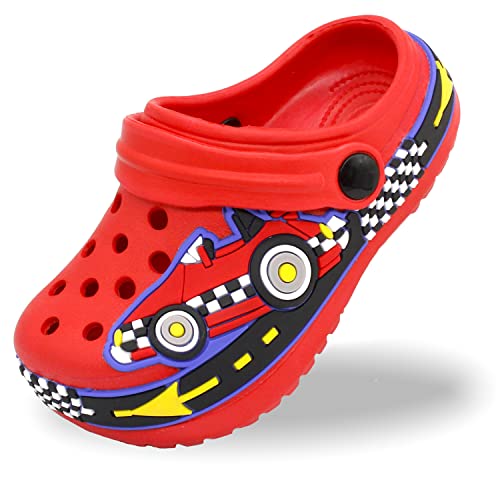 FolHaoth Toddlers EVA Clogs - Cute Cartoon Excavator Racecar Pattern Boys Girls Slip-on Lightweight Breathable Sandals - Non-Slip Indoor Outdoor Beach Pool Shower Slippers Shoes C-Red