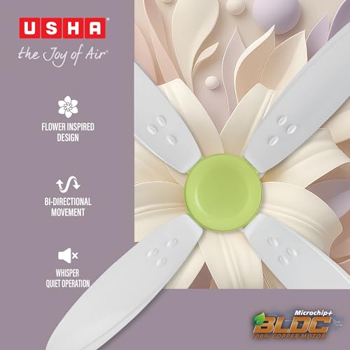 Image of USHA Bloom Lily Nova 4-Blade BLDC Ceiling Fan |100% Copper Motor | Bi-Directional|RF Remote |Sleep, Boost & Timer Mode | Whisper-Quiet |Dust-Resistant |3Y Motor & 2Y PCB Warranty | White & Light Green