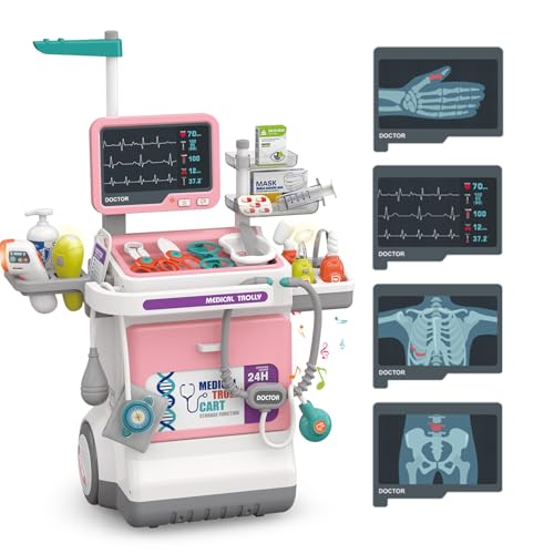 Mallette Docteur Enfant,Jouet Docteur avec Chariot 32Pièces Kit du Docteur Médicale Jouet avec Stéthoscope, Thermomètre, Seringue,Jeu d'imitation Cadeau...